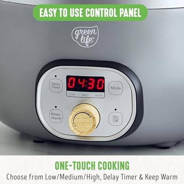 GreenLife 6 QT Ceramic Non Stick Slow Cooker, PFAS-Free Programmable Removable Pot for Family Meals, Sear on Stovetop Keep Warm, Digital Timer, Dishwasher Safe Glass Lid & Crock, Q