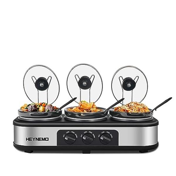 Triple Slow Cooker, 3 * 1.5 Quarts Buffet Servers and Warmers, 3 Pots Buffet Slow Cooker Adjustable Temp Lid Rests Stainless Steel Manual Silver for Parties Holidays Families