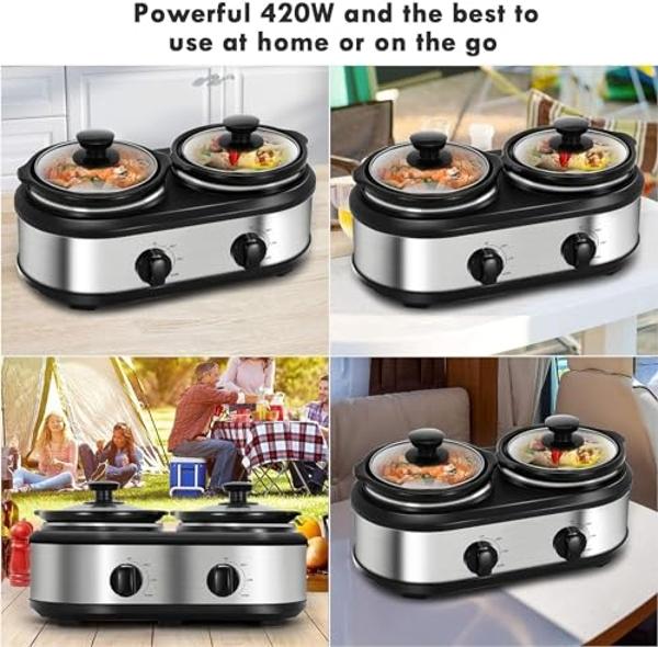 Dual Slow Cooker Buffet Server Food Warmer with 3 Adjustable Temperature Modes, Double Slow Cooker with 1.5 QT Ceramic Pot and Removeable Glass Lid, Dishwasher Safe, Stainless Stee