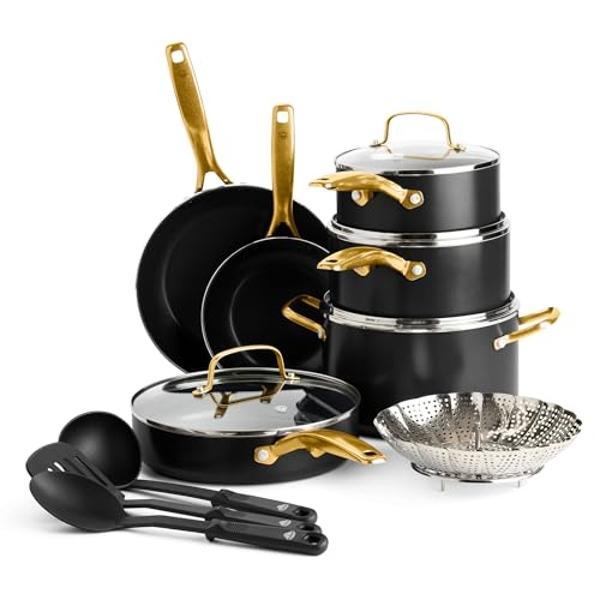 Blue Diamond Gold 14 Piece Cookware Pots and Pans Set, Induction Suitable, Diamond Infused PFOA & PFAS-Free Ceramic Nonstick, Durable Metal Utensil Safe, Dishwasher Safe, Gold Hand