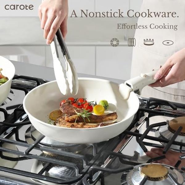CAROTE 11pcs Pots and Pans Set, Nonstick Cookware Detachable/Removable Handle, Induction RV Kitchen Set, Oven Safe, Cream White