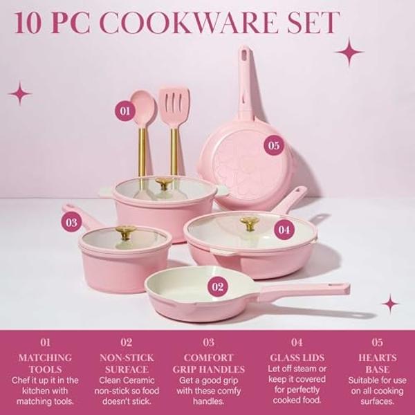 Paris Hilton Ceramic Nonstick Cookware Set, Cast Aluminum with Dual Layer Nonstick Coating, Gold Heart Knobs, Stay-Cool Handles, Made without PFAS, PFOA, PFOS & PTFE, Dishwasher Sa