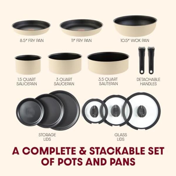 T-fal Ingenio Expertise Non Stick Cookware Set 14 Piece, Induction, Oven Broiler Safe 500F, Stackable Cookware, Pots and Pans, RV, Camping, Fry Pans, Dishwasher Safe, Detachable Ha