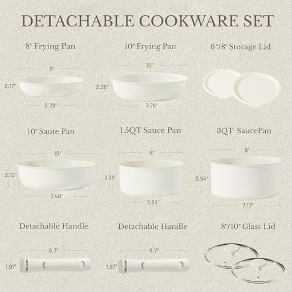 CAROTE 11pcs Pots and Pans Set, Nonstick Cookware Detachable/Removable Handle, Induction RV Kitchen Set, Oven Safe, Cream White