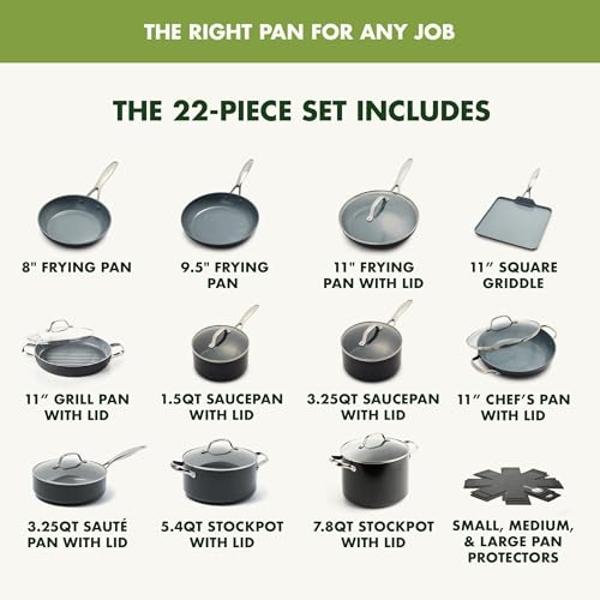 GreenPan Valencia Pro Hard Anodized Healthy Ceramic Nonstick 22 Piece Cookware Pots & Pans Set, Fry Grill, Griddle, Saute & Sauce Pans, Stockpot,Lids, PFAS-Free, Induction, Dishwas