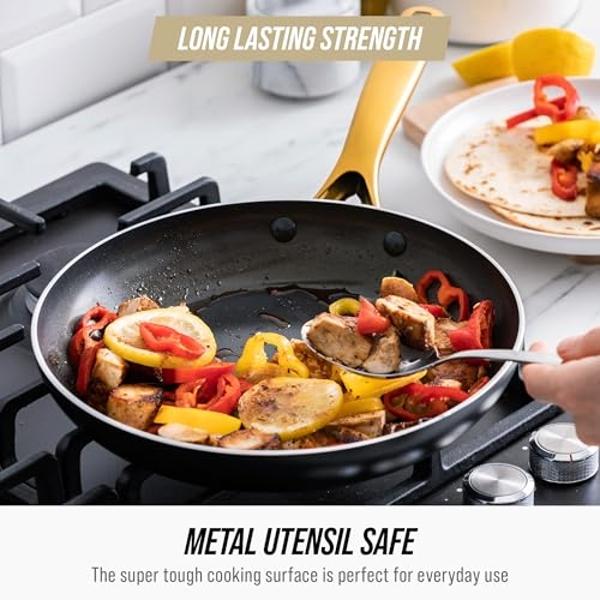 Blue Diamond Gold 14 Piece Cookware Pots and Pans Set, Induction Suitable, Diamond Infused PFOA & PFAS-Free Ceramic Nonstick, Durable Metal Utensil Safe, Dishwasher Safe, Gold Hand