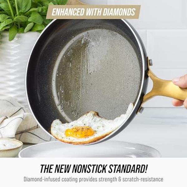 Blue Diamond Gold 14 Piece Cookware Pots and Pans Set, Induction Suitable, Diamond Infused PFOA & PFAS-Free Ceramic Nonstick, Durable Metal Utensil Safe, Dishwasher Safe, Gold Hand