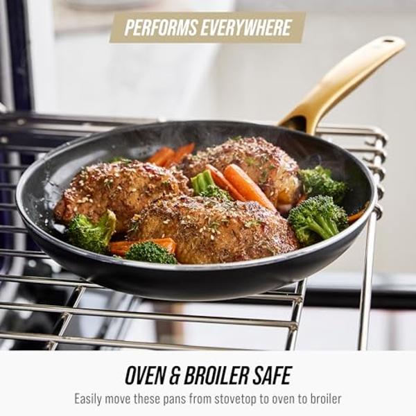 Blue Diamond Gold 14 Piece Cookware Pots and Pans Set, Induction Suitable, Diamond Infused PFOA & PFAS-Free Ceramic Nonstick, Durable Metal Utensil Safe, Dishwasher Safe, Gold Hand