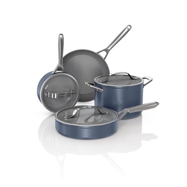 Ninja Ceramic Pro 7-Piece Cookware Set, Non-Stick Pots & Pans Set with Glass Lids, PTFE Free, Ceramic Coated, Oven Safe, All Stovetops & Induction Compatible, Midnight Blue, CW3900