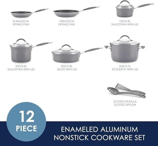 Rachael Ray - 16802 Rachael Ray Cucina Nonstick Cookware Pots and Pans Set, 12 Piece, Sea Salt Gray