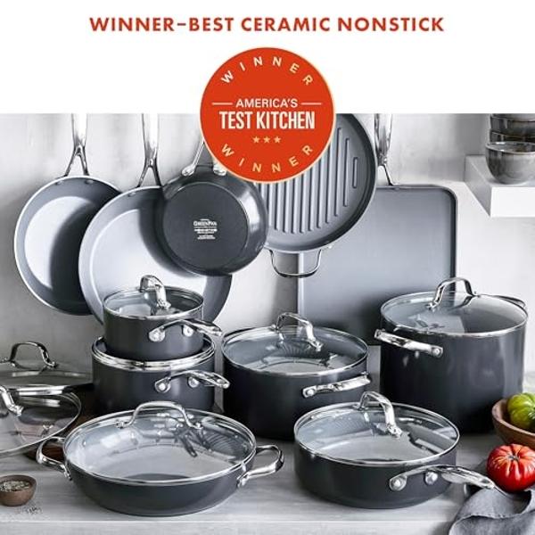 GreenPan Valencia Pro Hard Anodized Healthy Ceramic Nonstick 22 Piece Cookware Pots & Pans Set, Fry Grill, Griddle, Saute & Sauce Pans, Stockpot,Lids, PFAS-Free, Induction, Dishwas