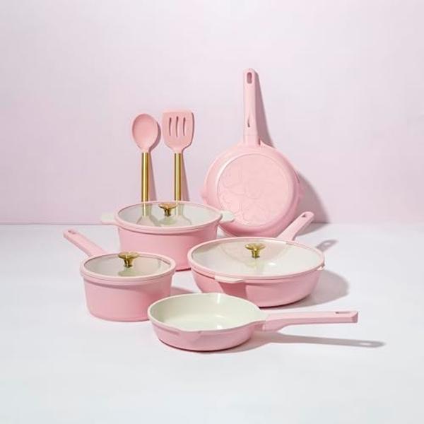 Paris Hilton Ceramic Nonstick Cookware Set, Cast Aluminum with Dual Layer Nonstick Coating, Gold Heart Knobs, Stay-Cool Handles, Made without PFAS, PFOA, PFOS & PTFE, Dishwasher Sa
