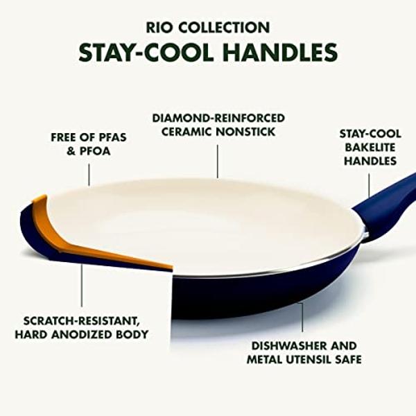 GreenPan Rio 16 Piece Cookware Set, PFOA and PFAS-Free, Healthy Ceramic Nonstick, Dishwasher Safe Easy Clean Durable Performance, Blue