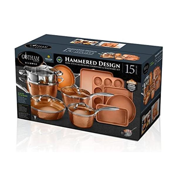 Blue Diamond Gold 14 Piece Cookware Pots and Pans Set, Induction Suitable, Diamond Infused PFOA & PFAS-Free Ceramic Nonstick, Durable Metal Utensil Safe, Dishwasher Safe, Gold Hand