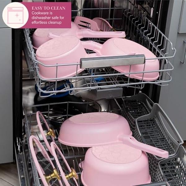 Paris Hilton Ceramic Nonstick Cookware Set, Cast Aluminum with Dual Layer Nonstick Coating, Gold Heart Knobs, Stay-Cool Handles, Made without PFAS, PFOA, PFOS & PTFE, Dishwasher Sa