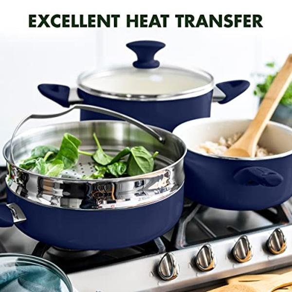 GreenPan Rio 16 Piece Cookware Set, PFOA and PFAS-Free, Healthy Ceramic Nonstick, Dishwasher Safe Easy Clean Durable Performance, Blue