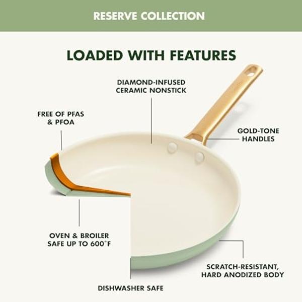 GreenPan Reserve Hard Anodized Healthy Ceramic Nonstick 10 Piece Cookware Pots and Pans Set, Gold-Tone Stainless Steel Handles, PFAS & PFOA-Free, Dishwasher Safe, Oven & Broiler Sa