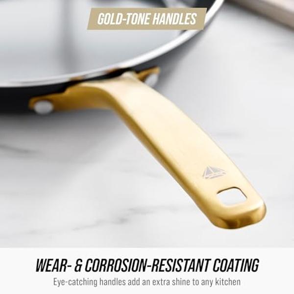 Blue Diamond Gold 14 Piece Cookware Pots and Pans Set, Induction Suitable, Diamond Infused PFOA & PFAS-Free Ceramic Nonstick, Durable Metal Utensil Safe, Dishwasher Safe, Gold Hand