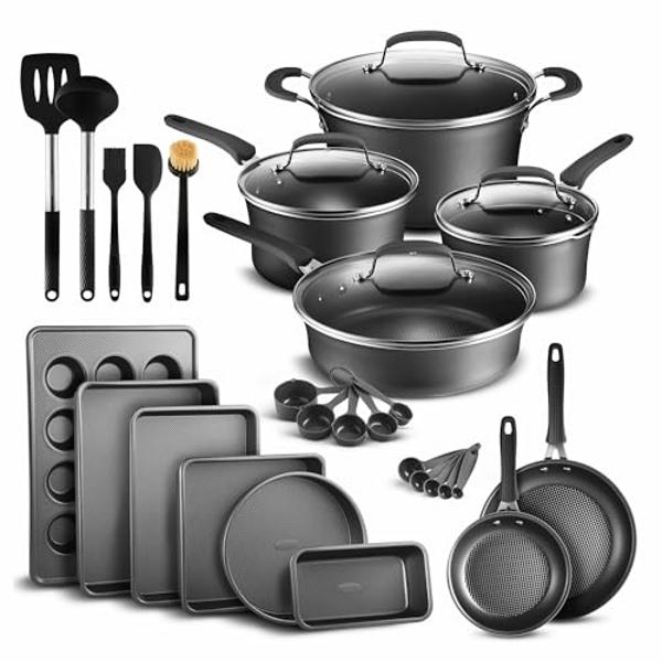 All-Clad HA1 Hard Anodized Nonstick Pots and Pans Set Non Stick Cookware Sets, Oven Broiler Safe 500F, Black