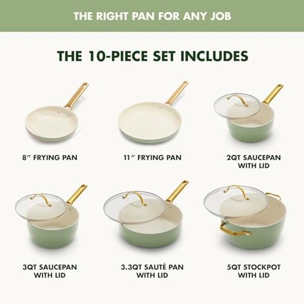 GreenPan Reserve Hard Anodized Healthy Ceramic Nonstick 10 Piece Cookware Pots and Pans Set, Gold-Tone Stainless Steel Handles, PFAS & PFOA-Free, Dishwasher Safe, Oven & Broiler Sa