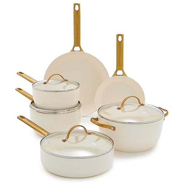 GreenPan Reserve Hard Anodized Healthy Ceramic Nonstick 10 Piece Cookware Pots and Pans Set, Gold-Tone Stainless Steel Handles, PFAS & PFOA-Free, Dishwasher Safe, Oven & Broiler Sa