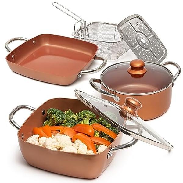 Moss & Stone 7 Pcs Copper Pots And Pans Set, Copper Chef Cookware Non Stick, Square Copper Pans for Cooking, Round Copper Pot & Fry Basket, Oven Safe 5 Quart Deep Frying Pan, Induc