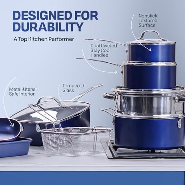 GRANITESTONE Blue 20 Pc Pots and Pans Set Non Stick Cookware Set, Kitchen Cookware Sets with Utensils and Bakeware, Non Toxic Cookware Set PFOA PFOS Free, Oven & Dishwasher Safe