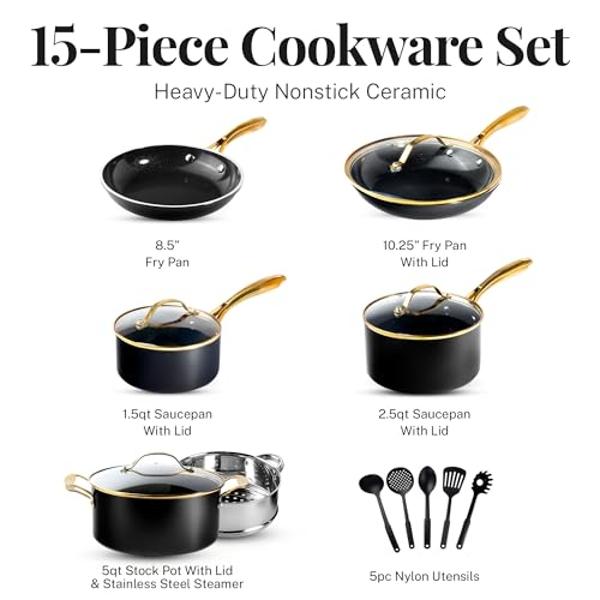 Gotham Steel 15 Pc Ceramic Pots and Pans Set Non Stick, Kitchen Cookware Sets, Pot and Pan Set, Ceramic Cookware Set, Non Toxic Cookware Set, Non Stick Pots and Pan Set, Dishwasher