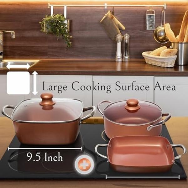 Moss & Stone 7 Pcs Copper Pots And Pans Set, Copper Chef Cookware Non Stick, Square Copper Pans for Cooking, Round Copper Pot & Fry Basket, Oven Safe 5 Quart Deep Frying Pan, Induc