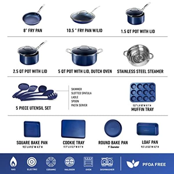 GRANITESTONE Blue 20 Pc Pots and Pans Set Non Stick Cookware Set, Kitchen Cookware Sets with Utensils and Bakeware, Non Toxic Cookware Set PFOA PFOS Free, Oven & Dishwasher Safe