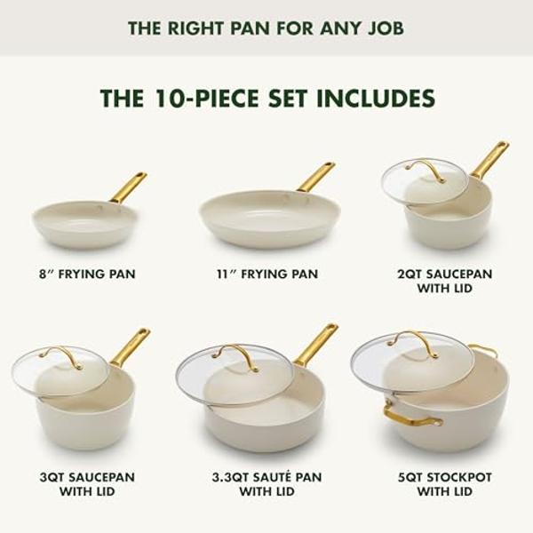 GreenPan Reserve Hard Anodized Healthy Ceramic Nonstick 10 Piece Cookware Pots and Pans Set, Gold-Tone Stainless Steel Handles, PFAS & PFOA-Free, Dishwasher Safe, Oven & Broiler Sa