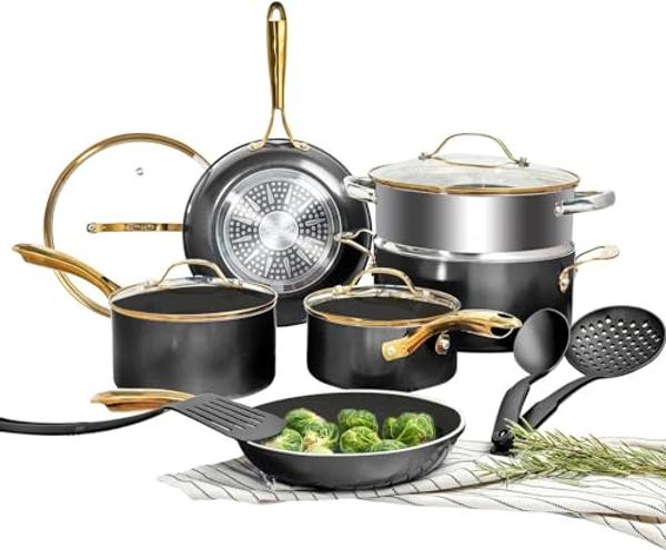 Gotham Steel 15 Pc Ceramic Pots and Pans Set Non Stick, Kitchen Cookware Sets, Pot and Pan Set, Ceramic Cookware Set, Non Toxic Cookware Set, Non Stick Pots and Pan Set, Dishwasher