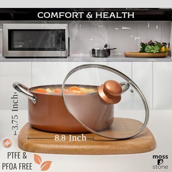 Moss & Stone 7 Pcs Copper Pots And Pans Set, Copper Chef Cookware Non Stick, Square Copper Pans for Cooking, Round Copper Pot & Fry Basket, Oven Safe 5 Quart Deep Frying Pan, Induc
