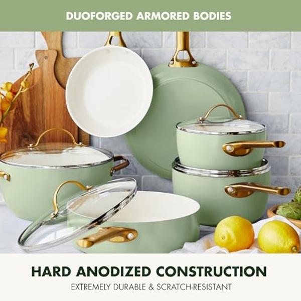 GreenPan Reserve Hard Anodized Healthy Ceramic Nonstick 10 Piece Cookware Pots and Pans Set, Gold-Tone Stainless Steel Handles, PFAS & PFOA-Free, Dishwasher Safe, Oven & Broiler Sa
