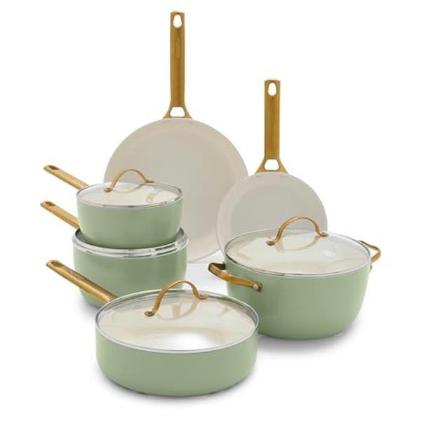 GreenPan Reserve Hard Anodized Healthy Ceramic Nonstick 10 Piece Cookware Pots and Pans Set, Gold-Tone Stainless Steel Handles, PFAS & PFOA-Free, Dishwasher Safe, Oven & Broiler Sa