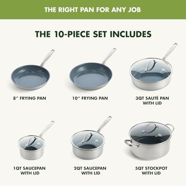 GreenPan Treviso 10 Piece Cookware Set, Non-Toxic PFAS-Free Stainless Steel Ceramic Nonstick Coating, Induction Suitable, Pots, Pans Lids, Sauté & Saucepans, Multi Clad, Dishwasher