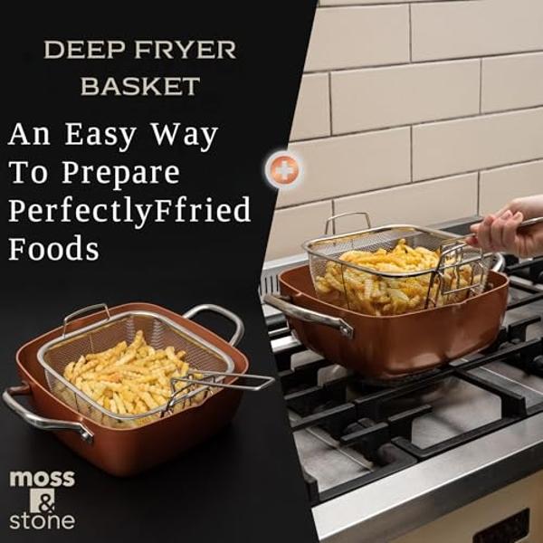 Moss & Stone 7 Pcs Copper Pots And Pans Set, Copper Chef Cookware Non Stick, Square Copper Pans for Cooking, Round Copper Pot & Fry Basket, Oven Safe 5 Quart Deep Frying Pan, Induc