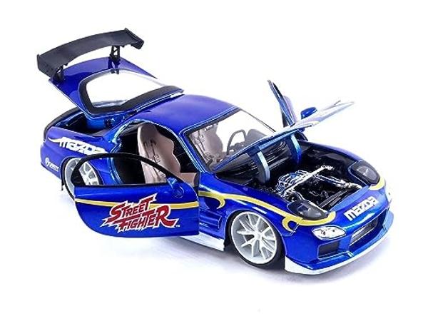 Jada 1993 Mazda RX-7 Candy Blue Metallic with Graphics and Chun-Li Diecast Figure Street Fighter Video Game Anime Hollywood Rides Series 1/24 Diecast Model Car