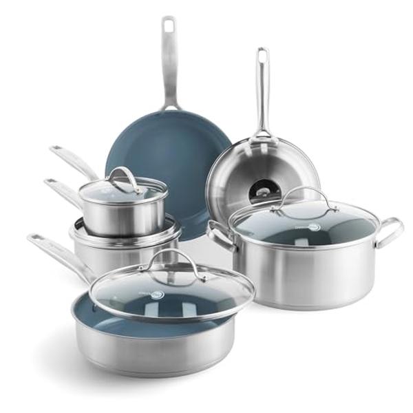 GreenPan Treviso 10 Piece Cookware Set, Non-Toxic PFAS-Free Stainless Steel Ceramic Nonstick Coating, Induction Suitable, Pots, Pans Lids, Sauté & Saucepans, Multi Clad, Dishwasher