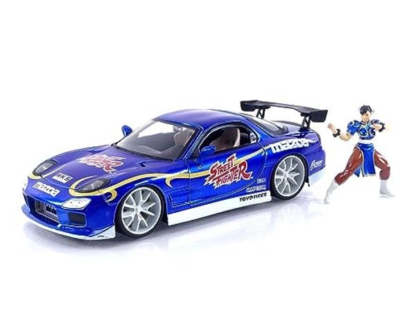 Jada 1993 Mazda RX-7 Candy Blue Metallic with Graphics and Chun-Li Diecast Figure Street Fighter Video Game Anime Hollywood Rides Series 1/24 Diecast Model Car