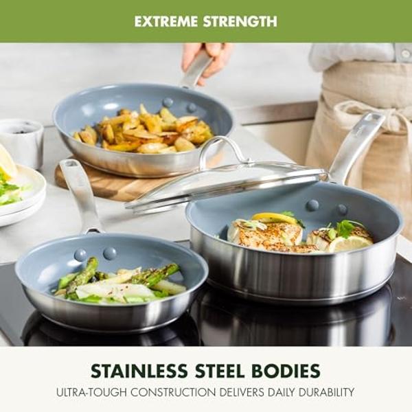 GreenPan Treviso 10 Piece Cookware Set, Non-Toxic PFAS-Free Stainless Steel Ceramic Nonstick Coating, Induction Suitable, Pots, Pans Lids, Sauté & Saucepans, Multi Clad, Dishwasher