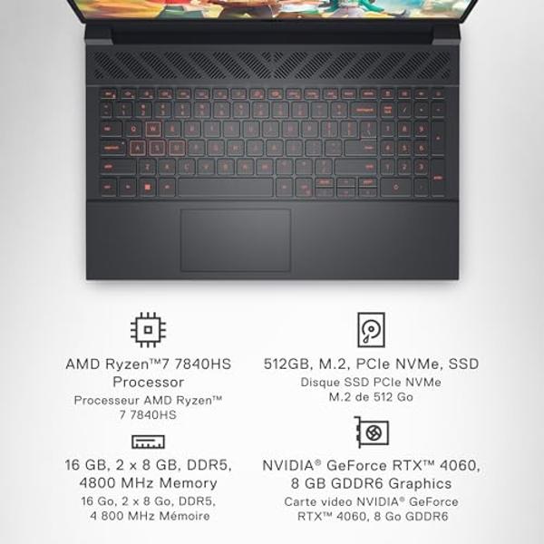 Dell G15 5535 Gaming Laptop - 15.6-inch FHD (1920x1080) 165Hz 3ms Display, AMD Ryzen 7-7840HS Processor, 16 GB DDR5 RAM, 512 GB SSD, NVIDIA GeForce RTX 4060, Windows 11 Home - Dark