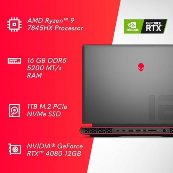 Alienware m16 Gaming Laptop - 16-inch QHD+ 240Hz 3ms Display, AMD Ryzen 9-7845HX, 16GB DDR5 RAM, 1TB SSD, NVIDIA GeForce RTX 4080 12GB GDDR6, Windows 11 Home, Onsite Service - Dark