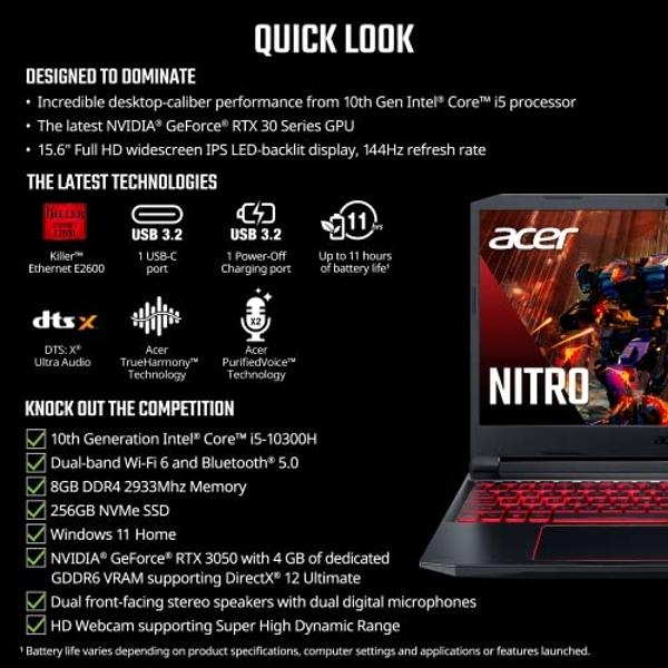 Acer Nitro 5 AN515-55-53E5 Gaming Laptop | Intel Core i5-10300H | NVIDIA GeForce RTX 3050 GPU | 15.6" FHD 144Hz IPS Display | 8GB DDR4 | 256GB NVMe SSD | Intel Wi-Fi 6 | Backlit Ke