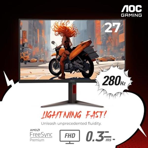 AOC C27G2Z 27" Curved Frameless Ultra-Fast Gaming Monitor, FHD 1080p, 0.5ms 240Hz, FreeSync, 2x HDMI 2.0, 1x Display Port, Height Adjustable, Xbox PS5 Switch Ready, 3-Year Zero-Bri