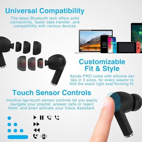 Naztech Xpods PRO - True Wireless Noise Cancelling Earbuds w/Touch Control, IPX4 Water-Resistant, HD Sound, Secure Fit for Sports, Gym Workouts & More, Includes Wireless Charging C
