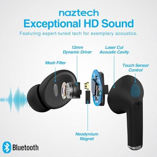 Naztech Xpods PRO - True Wireless Noise Cancelling Earbuds w/Touch Control, IPX4 Water-Resistant, HD Sound, Secure Fit for Sports, Gym Workouts & More, Includes Wireless Charging C