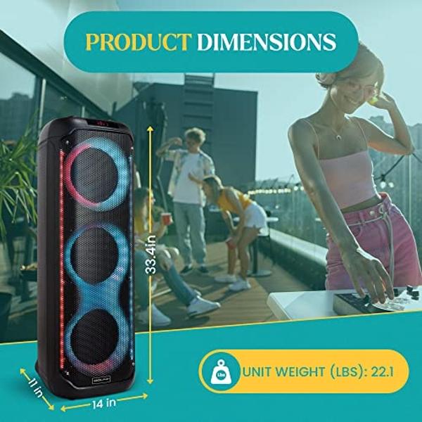 Dolphin KaraokeBox 380: Triple 8" Bluetooth Party Speaker – Powerful Sound System, Long-Lasting Rechargeable Battery, LED Lights, 35-Inch Tall, Portable Design, AUX/USB/TF/Bluetoot