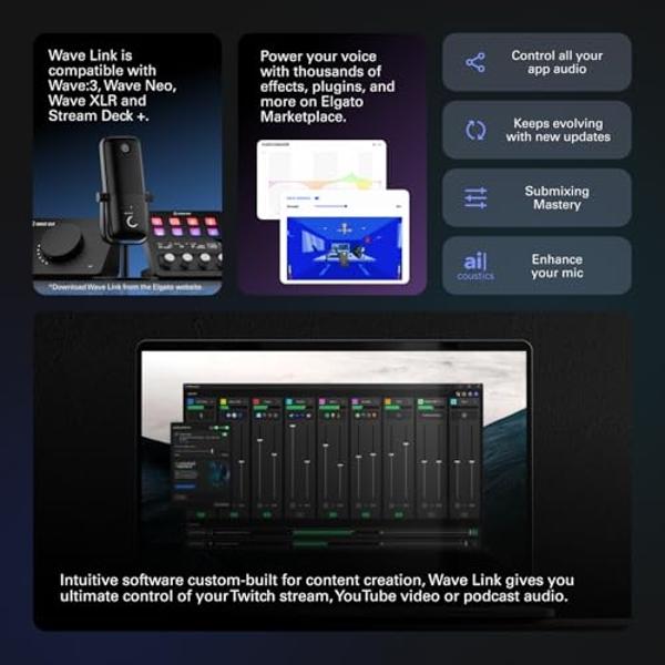 Elgato Wave:3 White - Premium Studio Quality USB Condenser Microphone for Streaming, Podcast, Gaming and Home Office, Free Mixer Software, Anti-Distortion, Plug ’n Play, for Mac, P