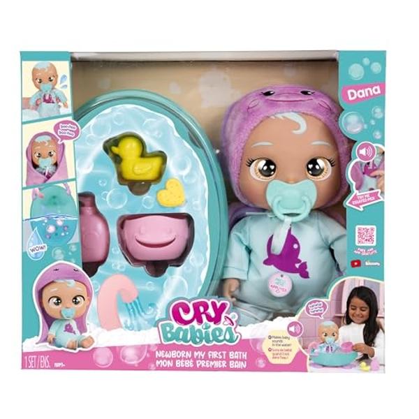 Cry Babies Newborn My First Bath Dana - Interactive Baby Doll Bathtub Set with 20+ Baby Sounds, Girls & Kids Age 18M and Up